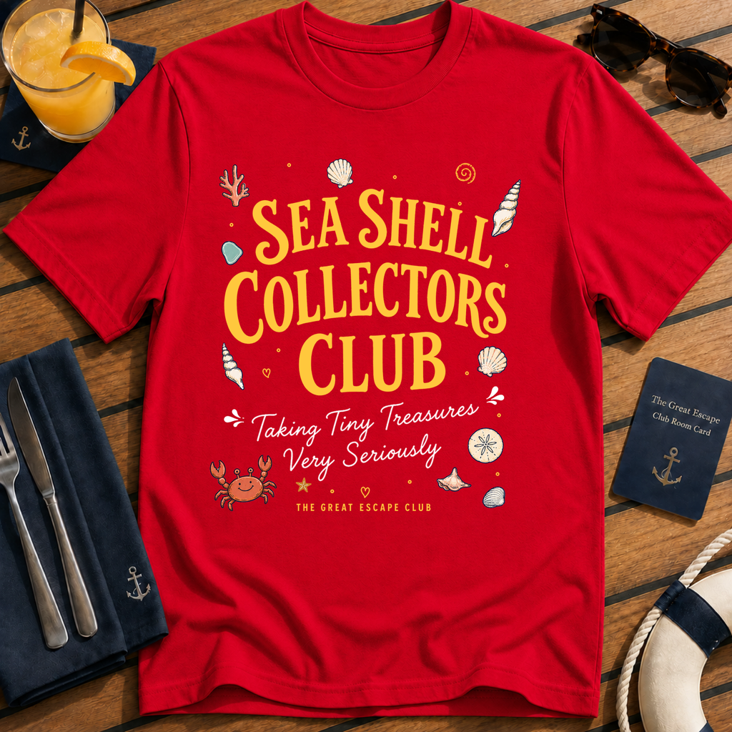 Sea Shell Collectors Club beachcombing cruise t-shirt design on Red shirt