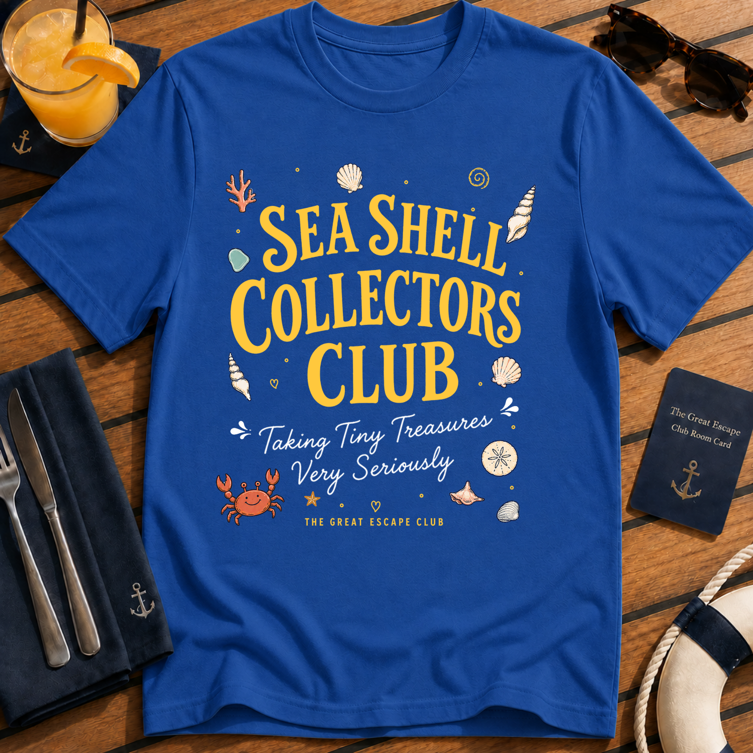 Sea Shell Collectors Club beachcombing cruise t-shirt design on Royal Blue shirt