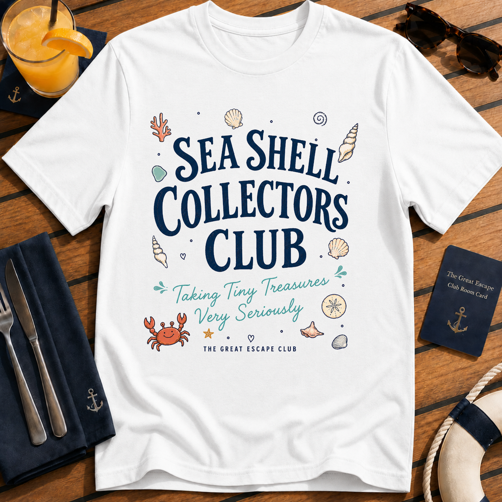 Sea Shell Collectors Club beachcombing cruise t-shirt design on White shirt