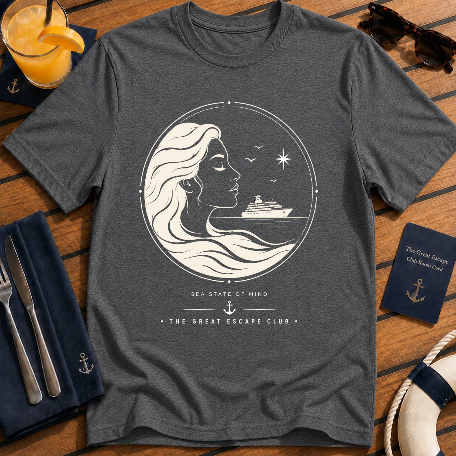 Sea State of Mind cruise meditation t-shirt design on Dark Heather shirt