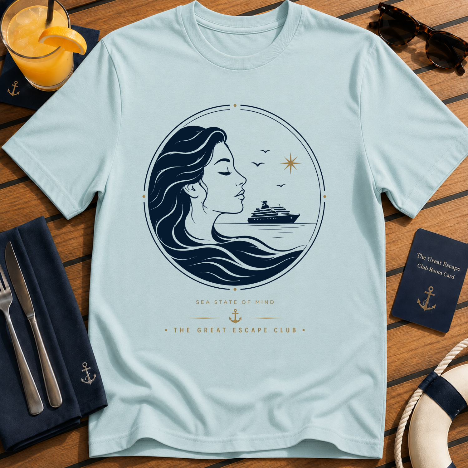 Sea State of Mind cruise meditation t-shirt design on Light Blue shirt