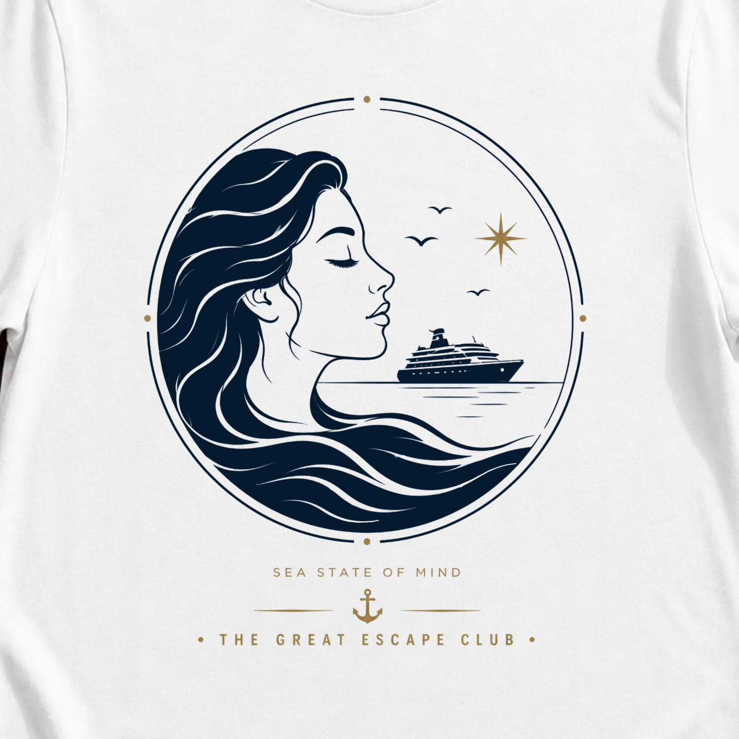 Sea State of Mind cruise meditation t-shirt design on Light Blue shirt