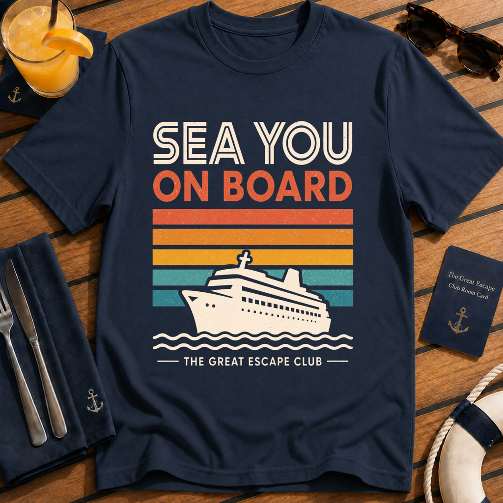 Sea You On Board retro cruise t-shirt design on Navy shirt