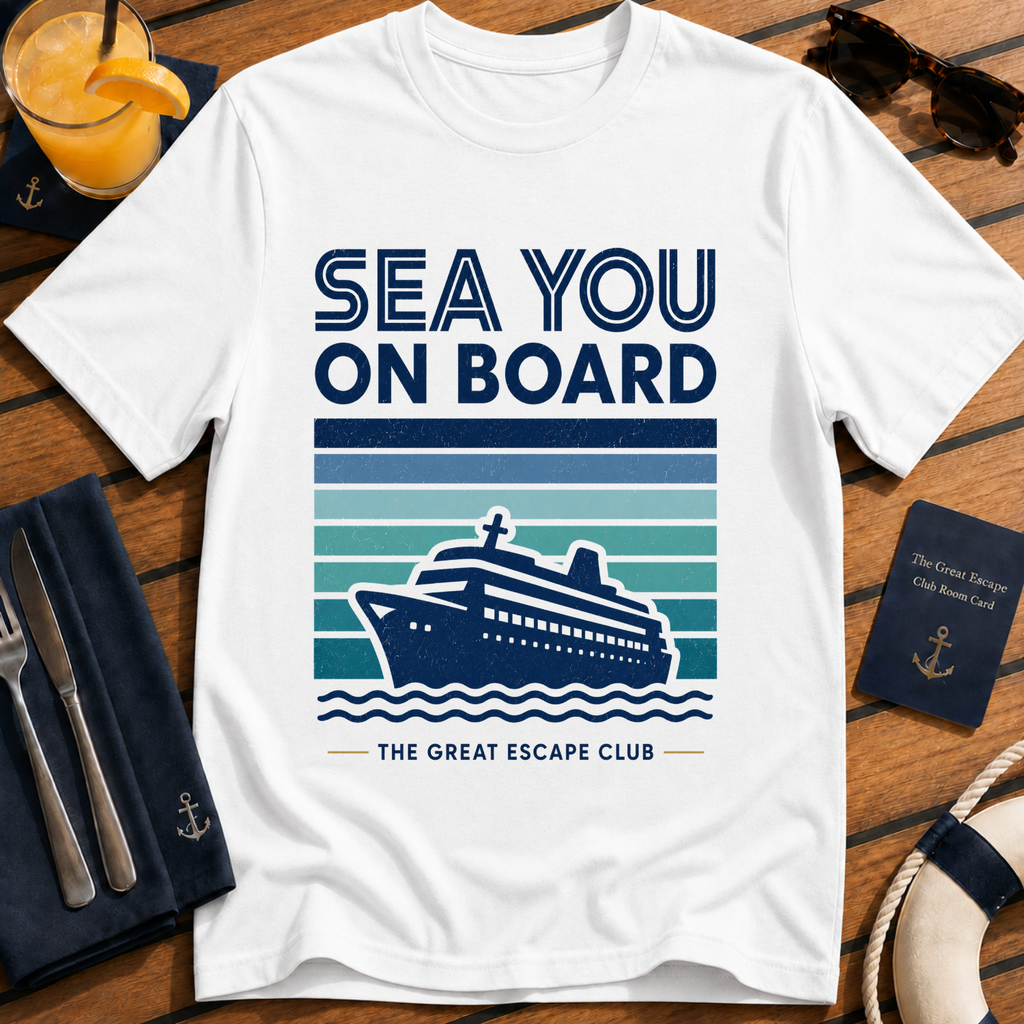 Sea You On Board retro cruise t-shirt design on White shirt