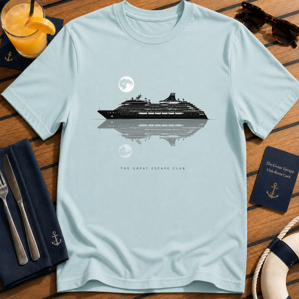 Serene Night Cruise minimalist cruise ship t-shirt design on Light Blue shirt