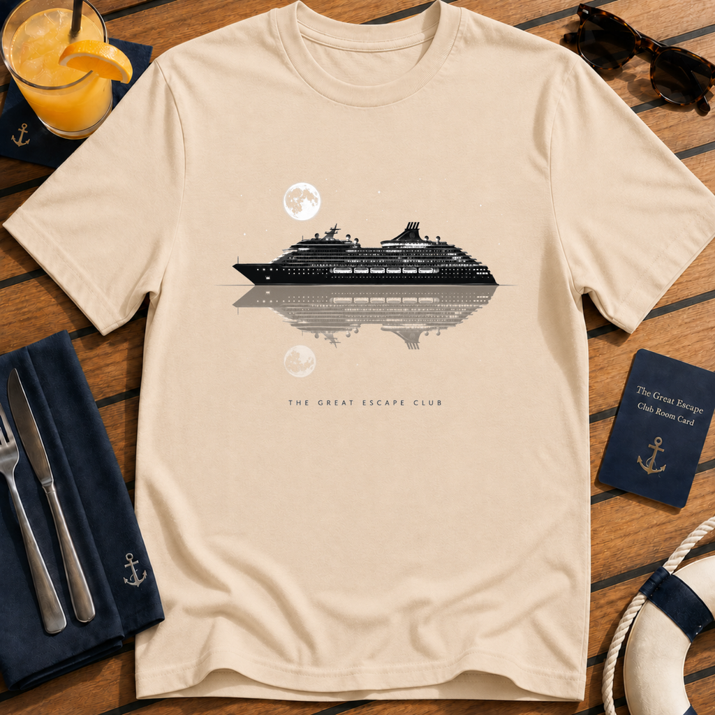 Serene Night Cruise minimalist cruise ship t-shirt design on Natural shirt