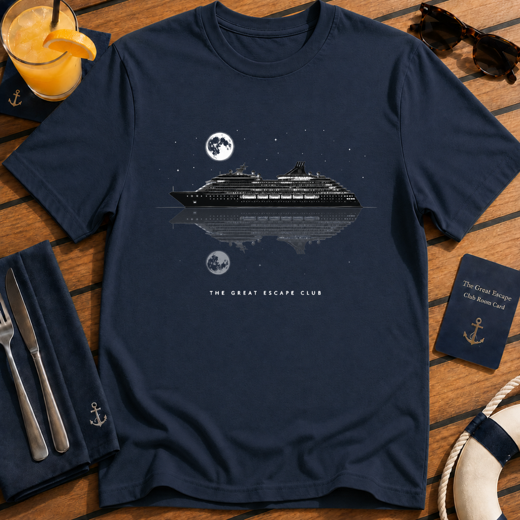 Serene Night Cruise minimalist cruise ship t-shirt design on Navy shirt