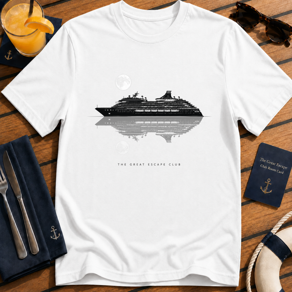 Serene Night Cruise minimalist cruise ship t-shirt design on White shirt