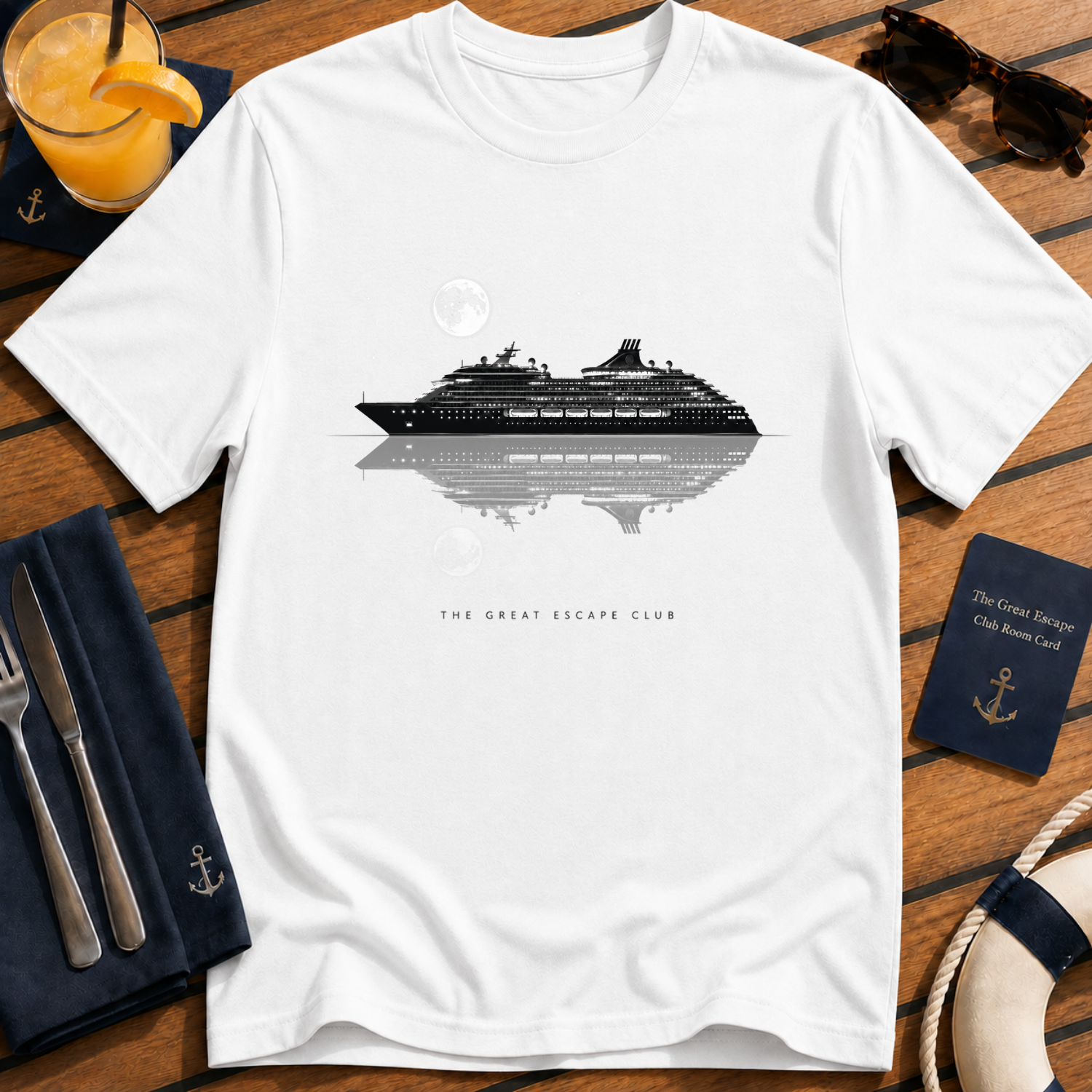 Serene Night Cruise minimalist cruise ship t-shirt design on White shirt