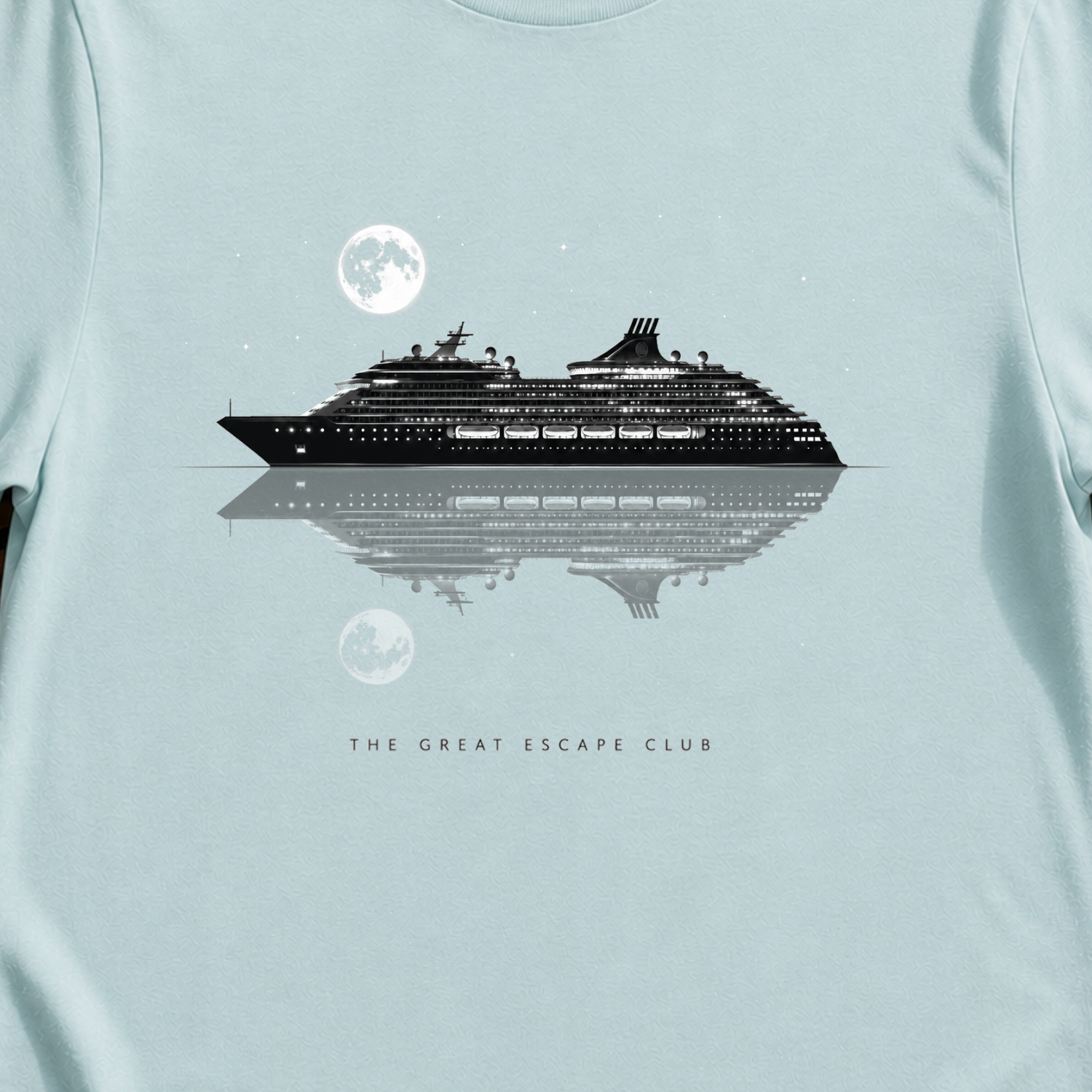Serene Night Cruise minimalist cruise ship t-shirt design on Light Blue shirt