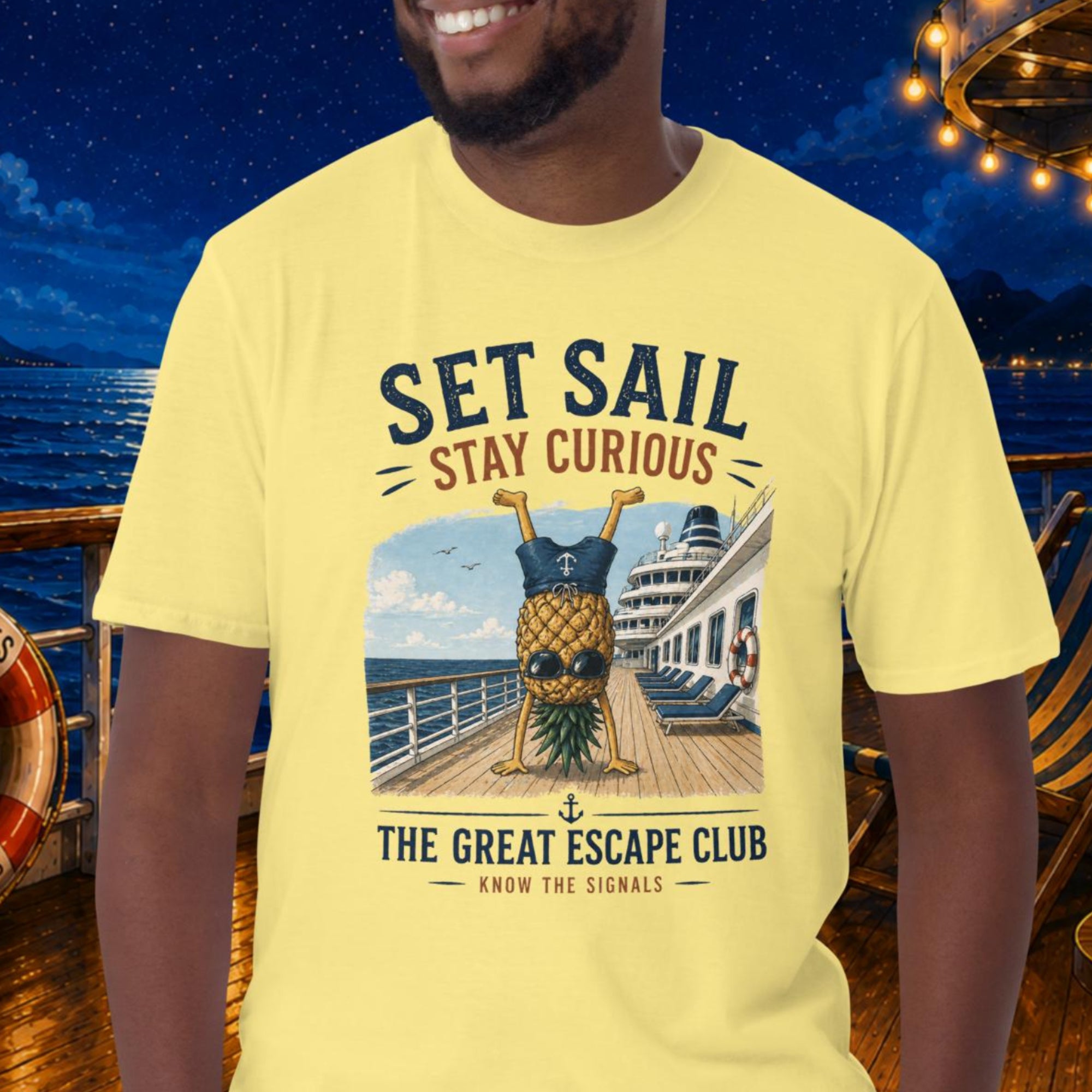 Set Sail Stay Curious unisex T-shirt, funny cruise travel shirt for ocean lovers, sailing adventures, holiday makers and free spirits - Cornsilk Light Yellow