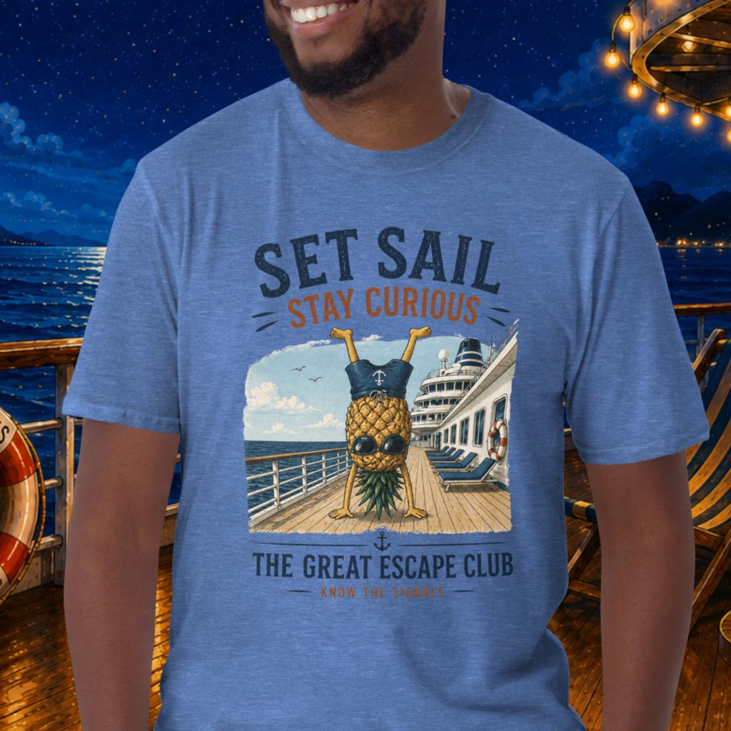 Man wearing a blue t-shirt with a pineapple graphic and text on a cruise ship deck at night.