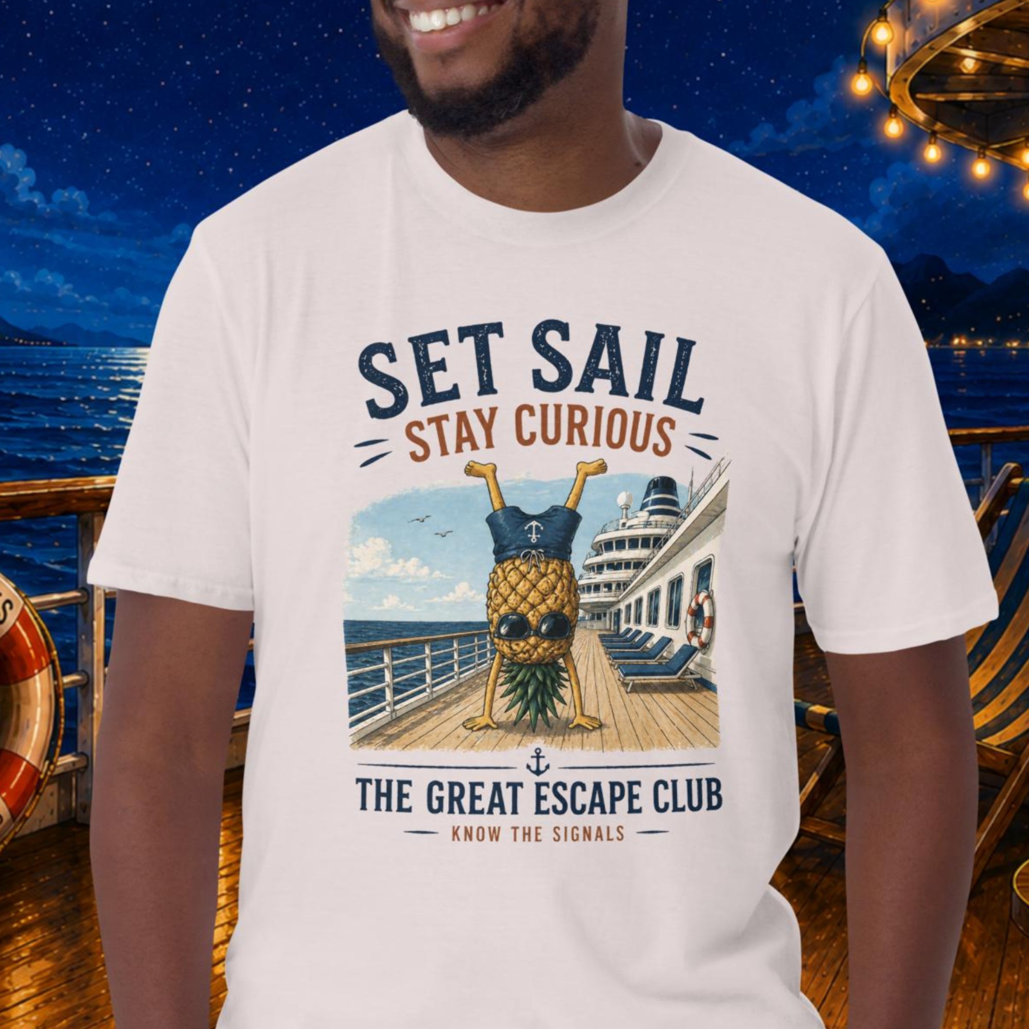 Set Sail Stay Curious unisex Ice Grey T-shirt, funny cruise travel shirt for ocean lovers, sailing adventures, holiday makers and free spirits