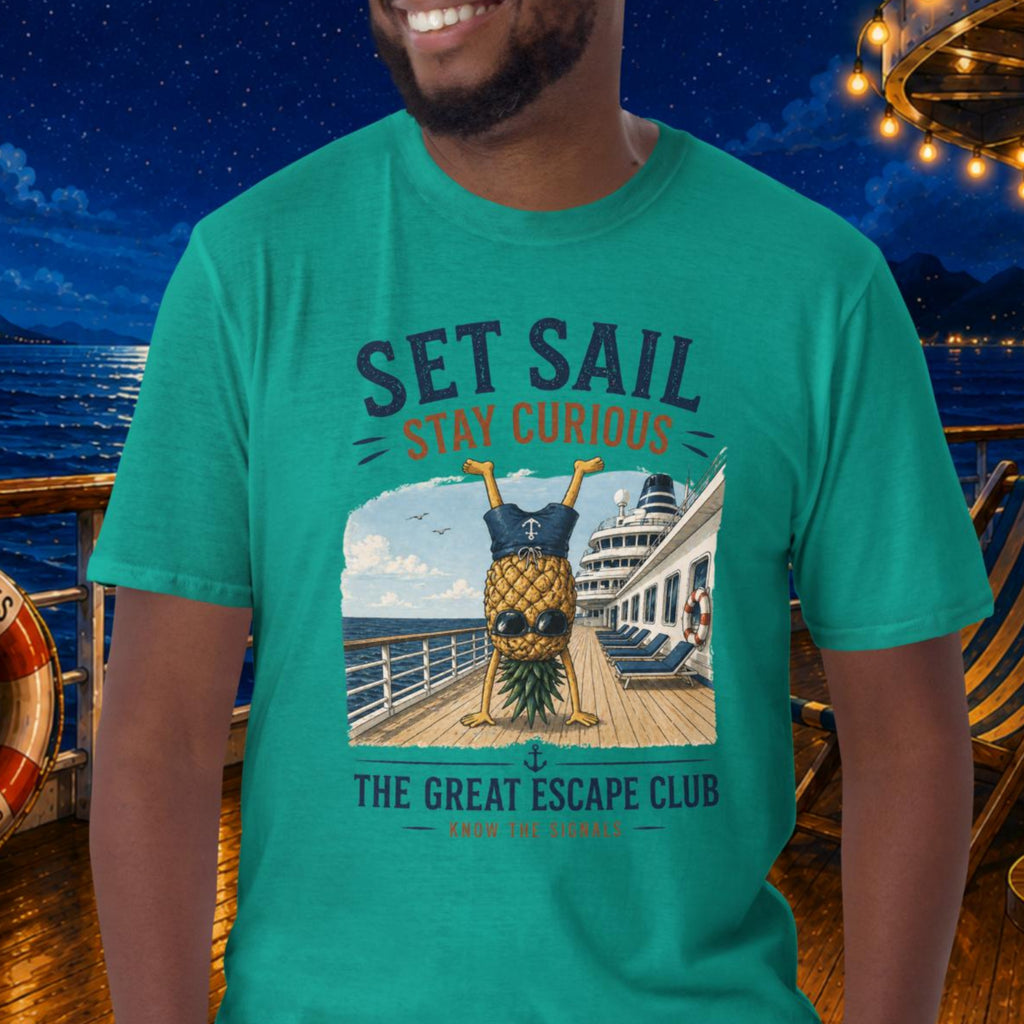 Set Sail Stay Curious unisex Jade T-shirt, funny cruise travel shirt for ocean lovers, sailing adventures, holiday makers and free spirits