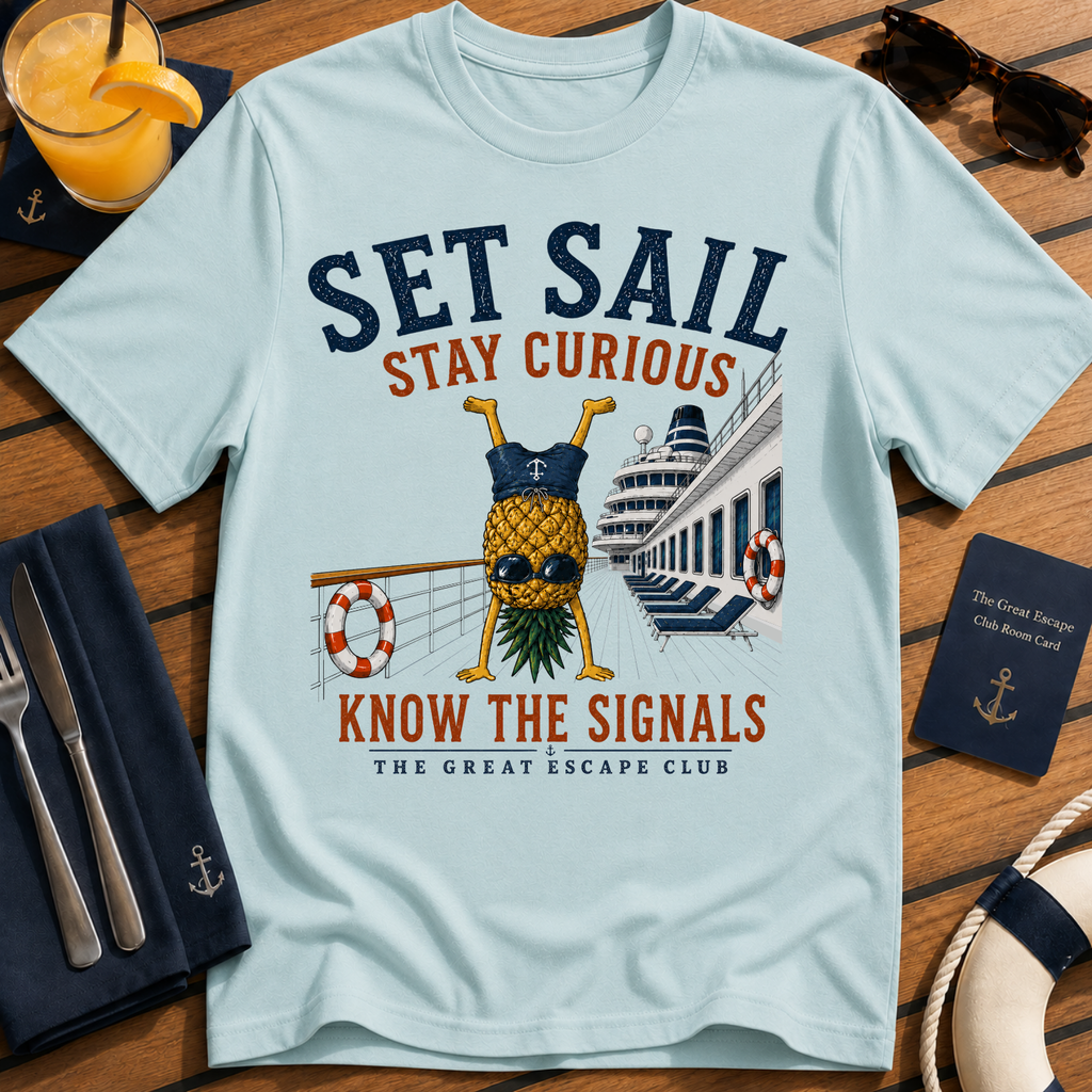 Set Sail Stay Curious funny pineapple cruise t-shirt design on Light Blue shirt