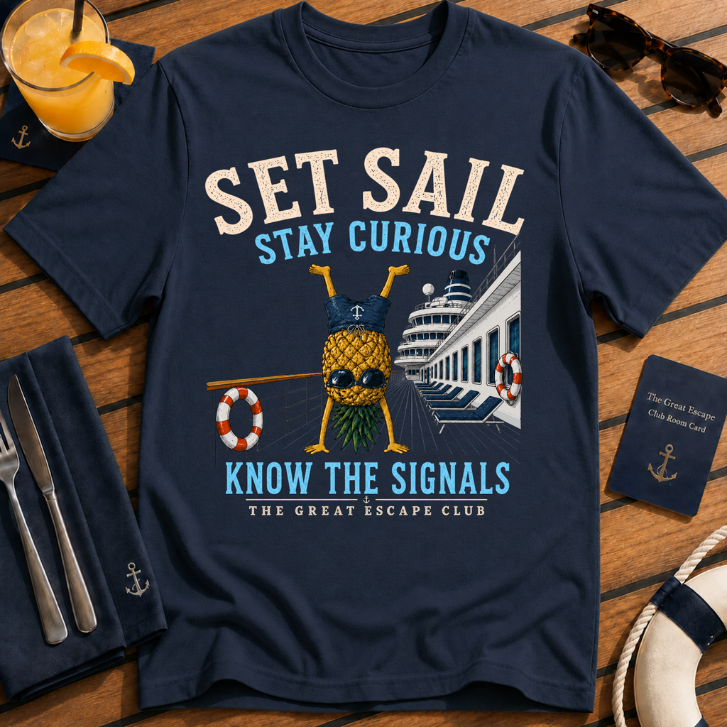 Set Sail Stay Curious funny pineapple cruise t-shirt design on Navy shirt