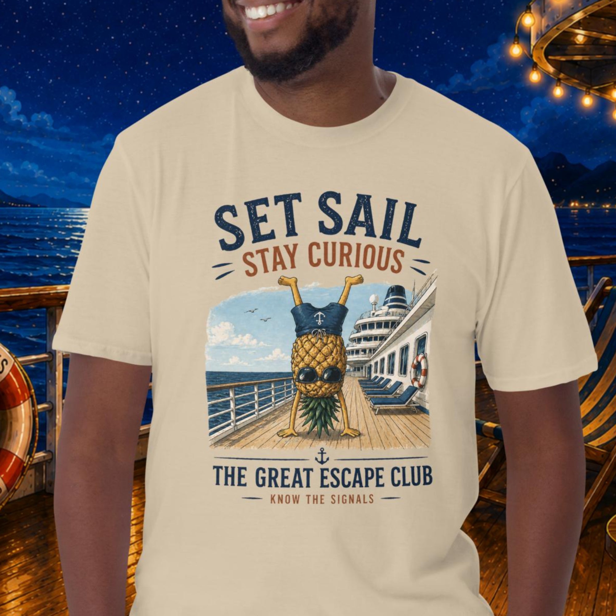 Set Sail Stay Curious unisex Sand T-shirt, funny cruise travel shirt for ocean lovers, sailing adventures, holiday makers and free spirits
