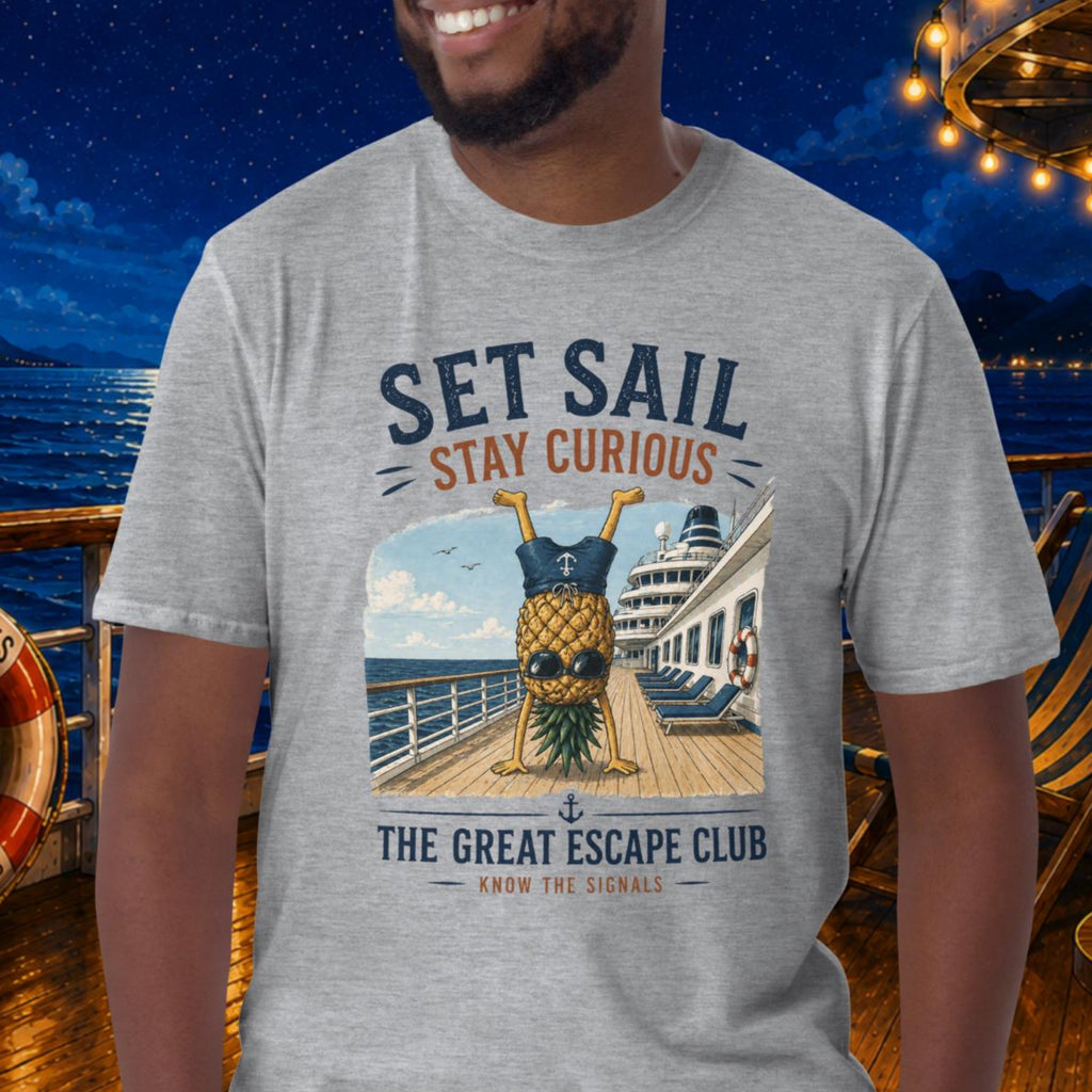 Man wearing a t-shirt with a cruise-themed design on a cruise ship deck at night.