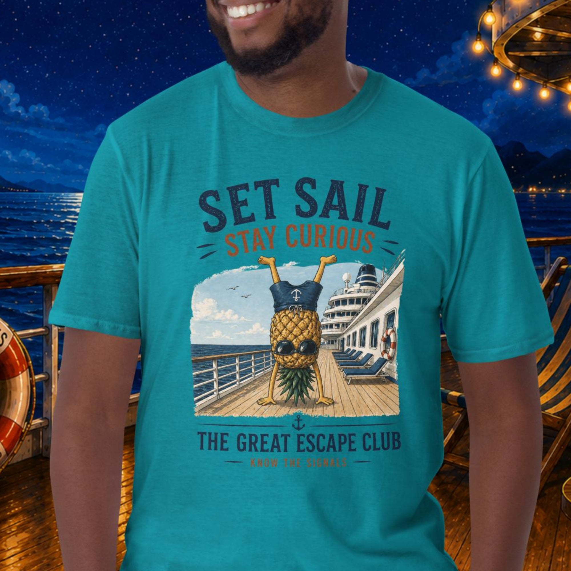 Set Sail Stay Curious unisex T-shirt, funny cruise travel shirt for ocean lovers, sailing adventures, holiday makers and free spirits Tropical Blue