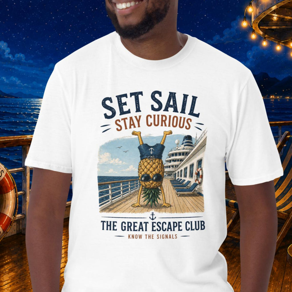 Set Sail Stay Curious unisex White T-shirt, funny cruise travel shirt for ocean lovers, sailing adventures, holiday makers and free spirits