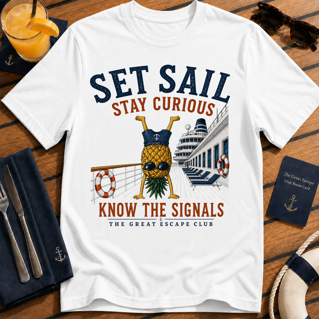 Set Sail Stay Curious funny pineapple cruise t-shirt design on White shirt