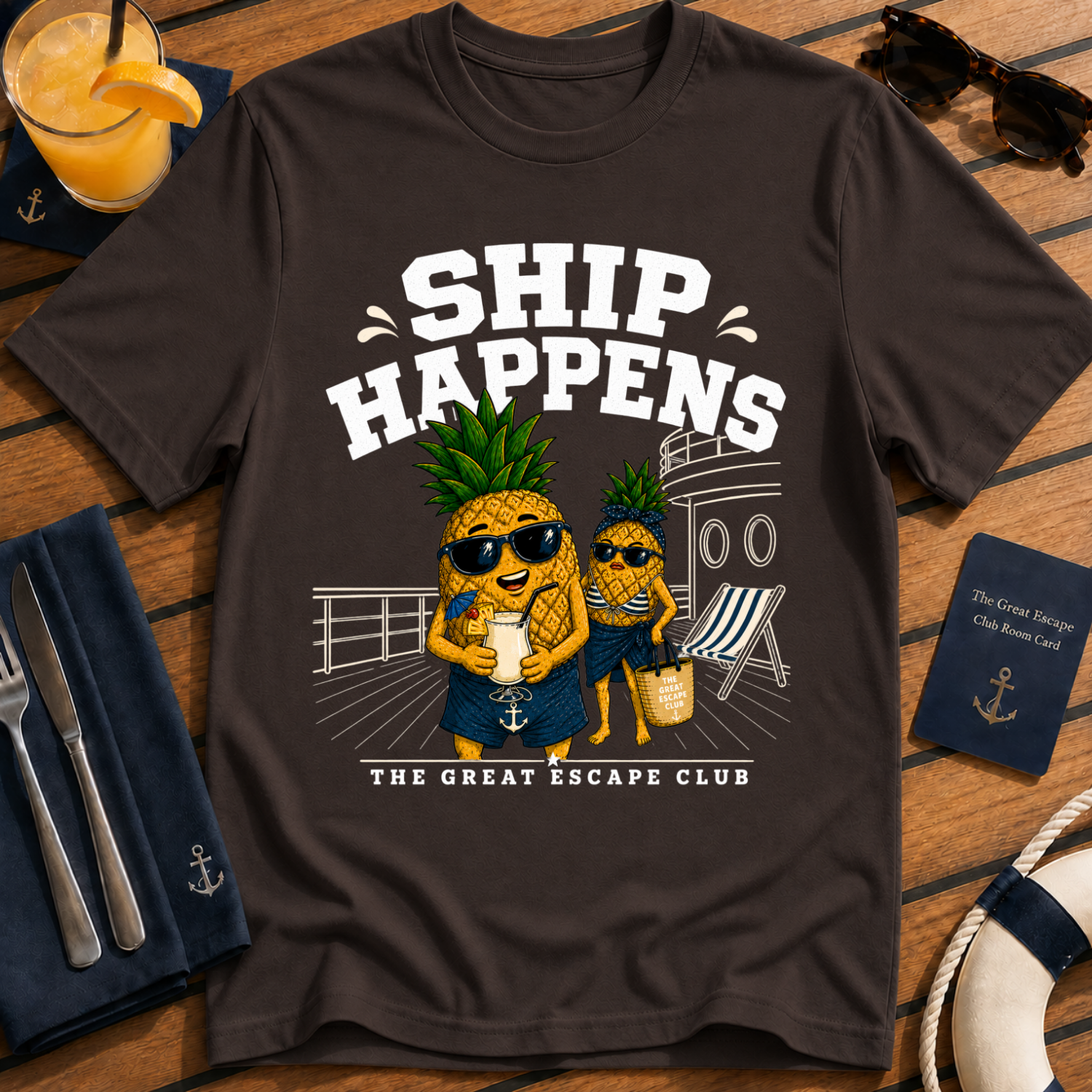 Ship Happens funny cruise dark chocolate t-shirt for sea days, ship life and nautical holiday humour by The Great Escape Club