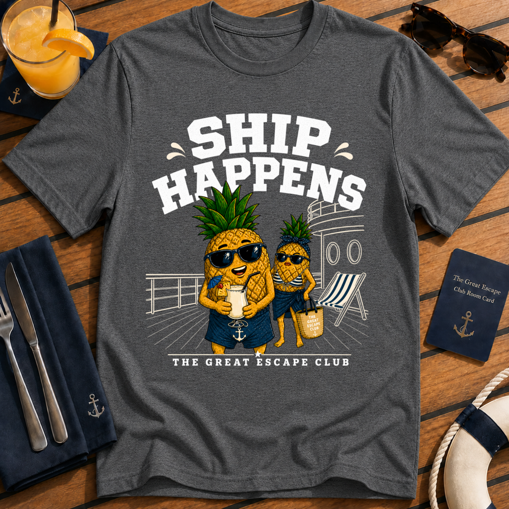 Ship Happens funny cruise dark heather grey t-shirt for sea days, ship life and nautical holiday humour by The Great Escape Club