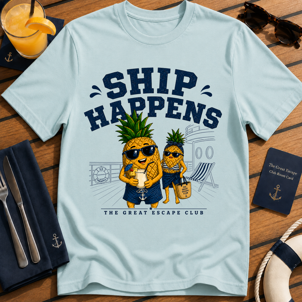 Ship Happens funny cruise light blue t-shirt for sea days, ship life and nautical holiday humour by The Great Escape Club