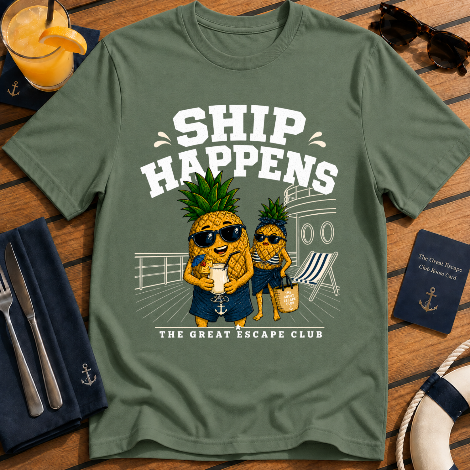 Ship Happens funny cruise military green t-shirt for sea days, ship life and nautical holiday humour by The Great Escape Club