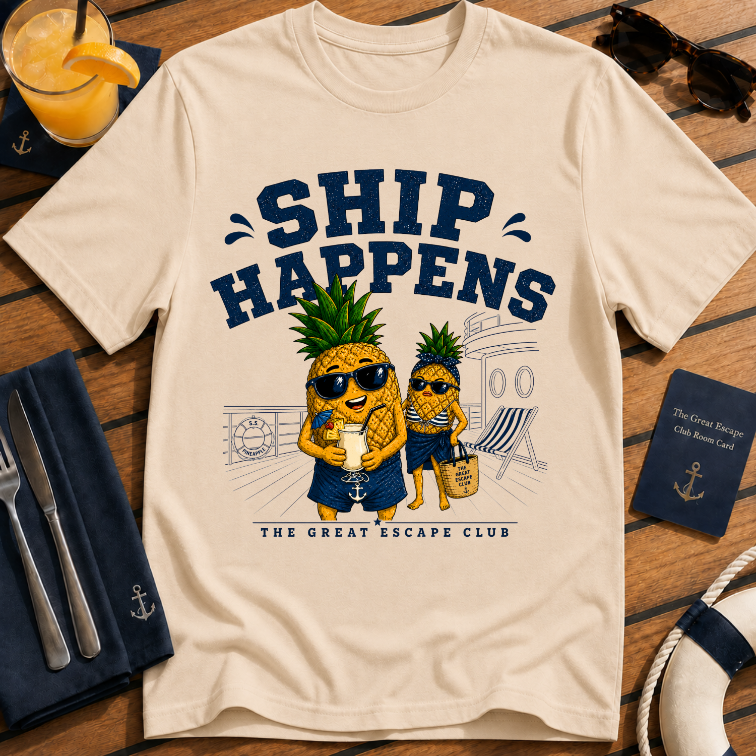 Ship Happens funny cruise natural t-shirt for sea days, ship life and nautical holiday humour by The Great Escape Club
