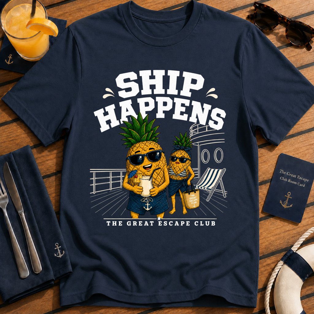 Ship Happens funny cruise navy t-shirt for sea days, ship life and nautical holiday humour by The Great Escape Club