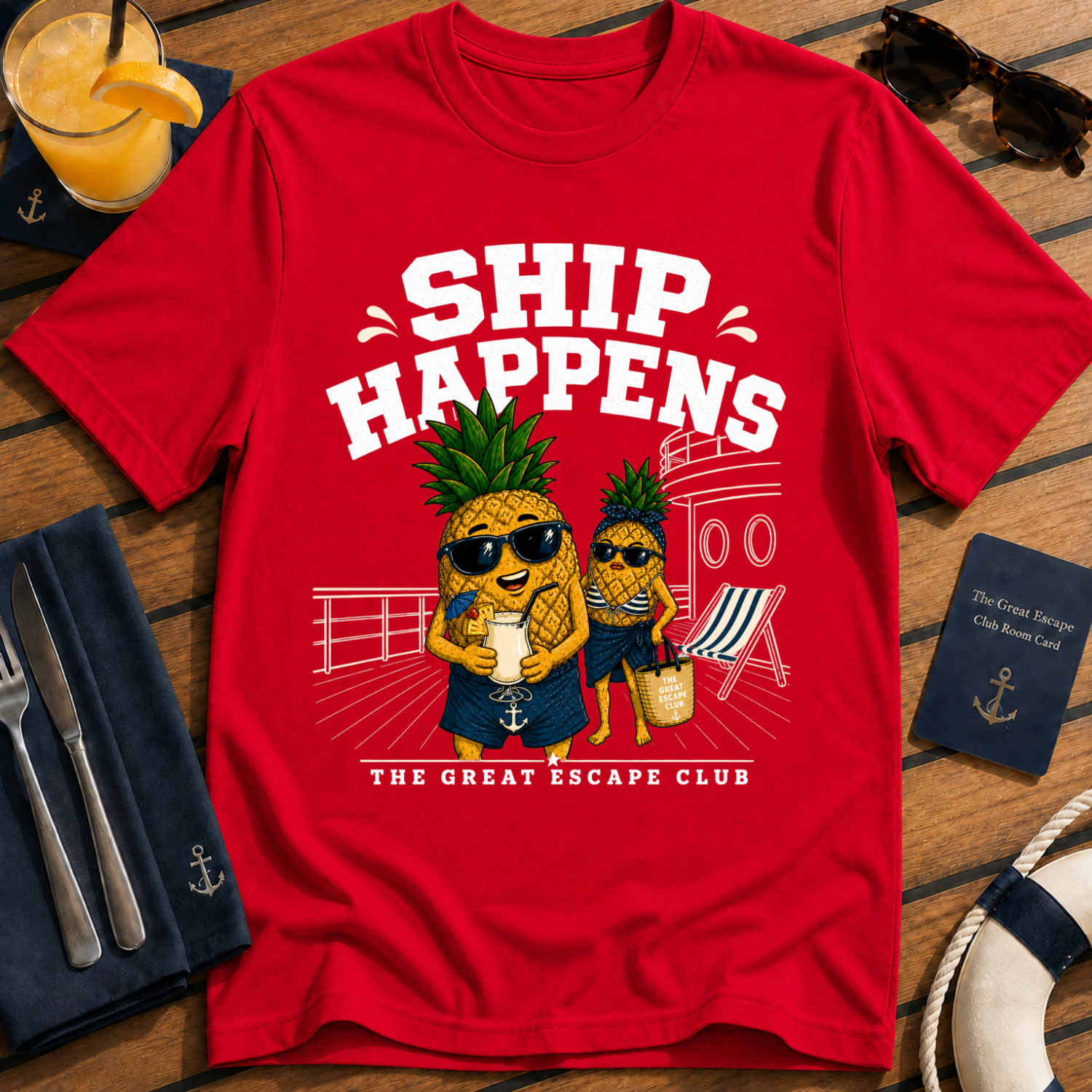 Ship Happens funny cruise red t-shirt for sea days, ship life and nautical holiday humour by The Great Escape Club