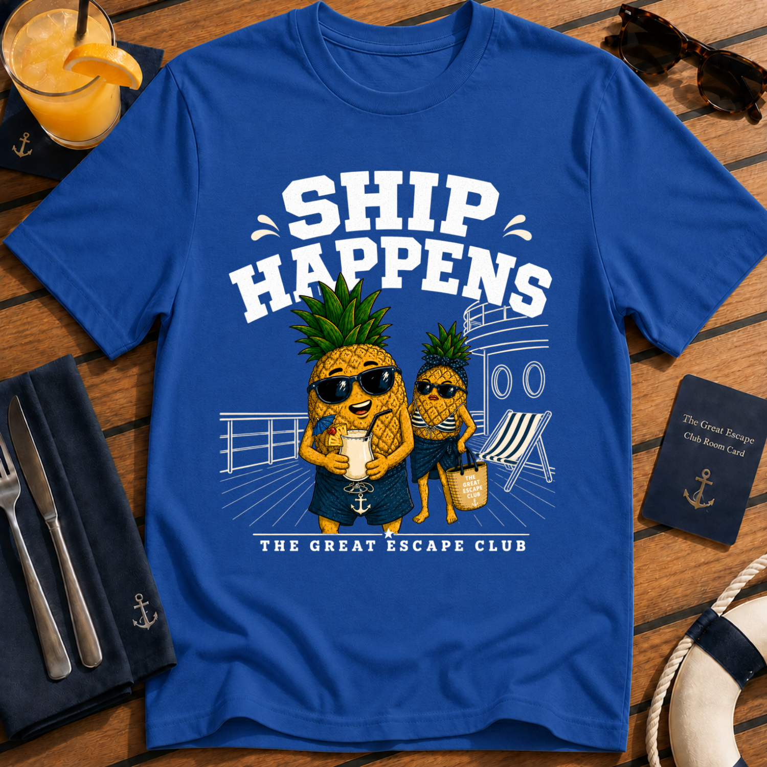 Ship Happens funny cruise royal blue t-shirt for sea days, ship life and nautical holiday humour by The Great Escape Club