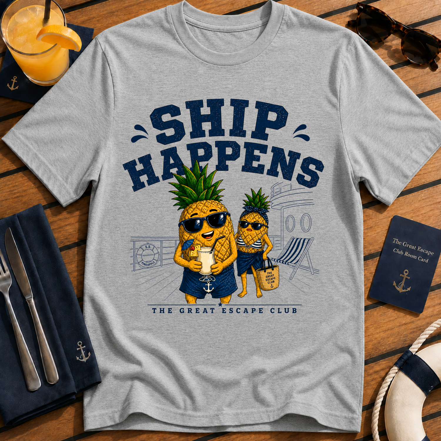Ship Happens funny cruise sports grey t-shirt for sea days, ship life and nautical holiday humour by The Great Escape Club