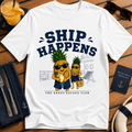 Ship Happens funny cruise white t-shirt for sea days, ship life and nautical holiday humour by The Great Escape Club