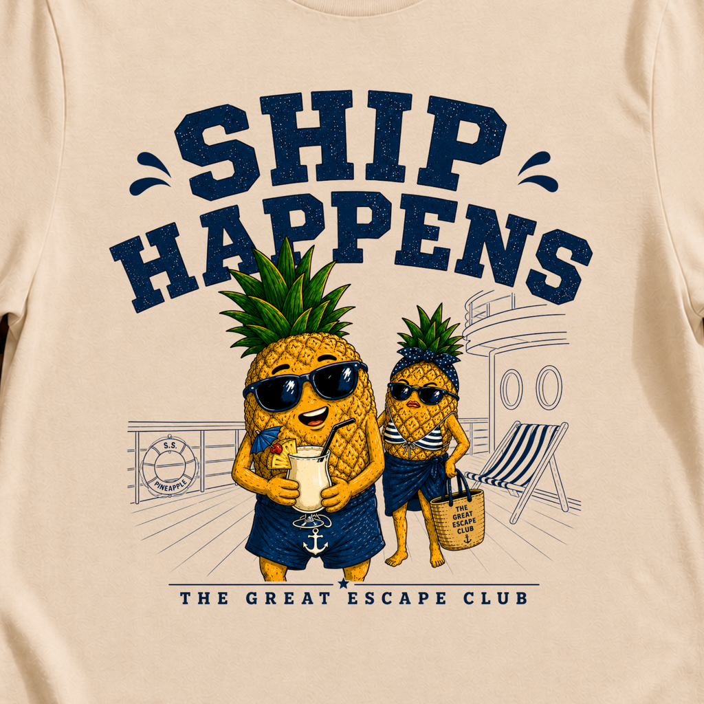 Ship Happens funny cruise t-shirt for sea days, ship life and nautical holiday humour by The Great Escape Club