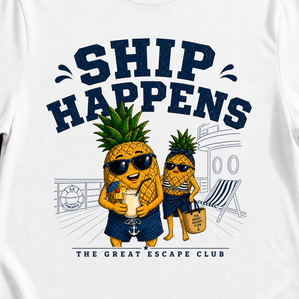 Ship Happens funny cruise white t-shirt for sea days, ship life and nautical holiday humour by The Great Escape Club