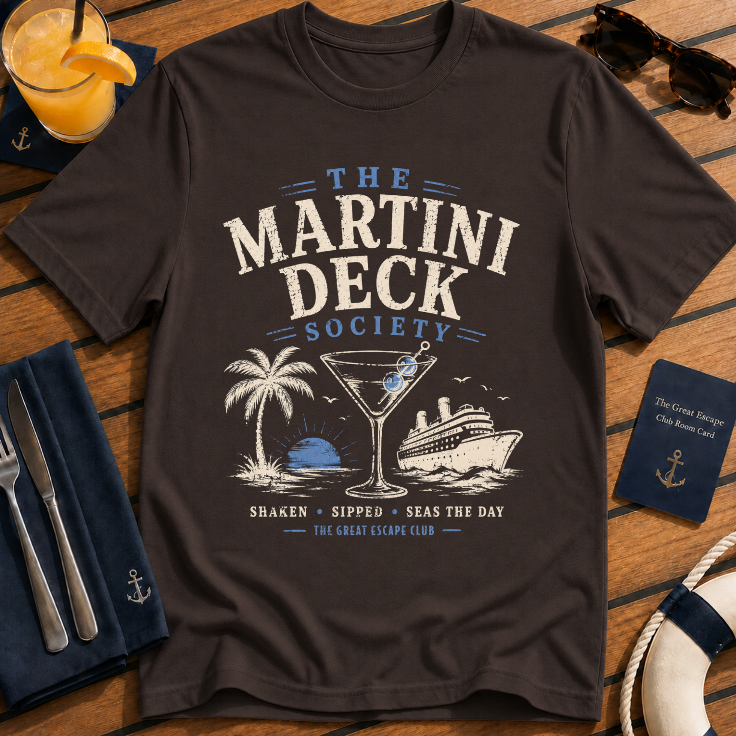 Shore Excursion Drinking Team funny cruise drinking dark chocolate brown t-shirt for port days and matching group holidays by The Great Escape Club