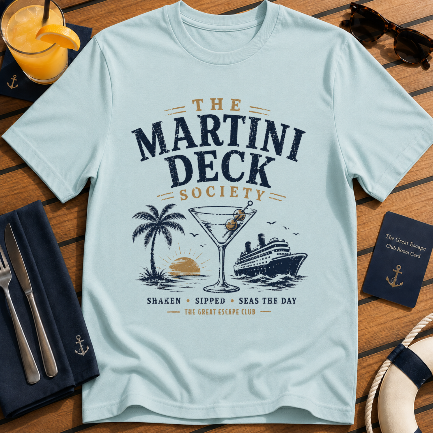 Shore Excursion Drinking Team funny cruise drinking light blue t-shirt for port days and matching group holidays by The Great Escape Club