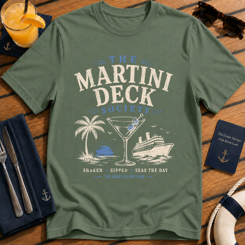 Shore Excursion Drinking Team funny cruise drinking military green t-shirt for port days and matching group holidays by The Great Escape Club