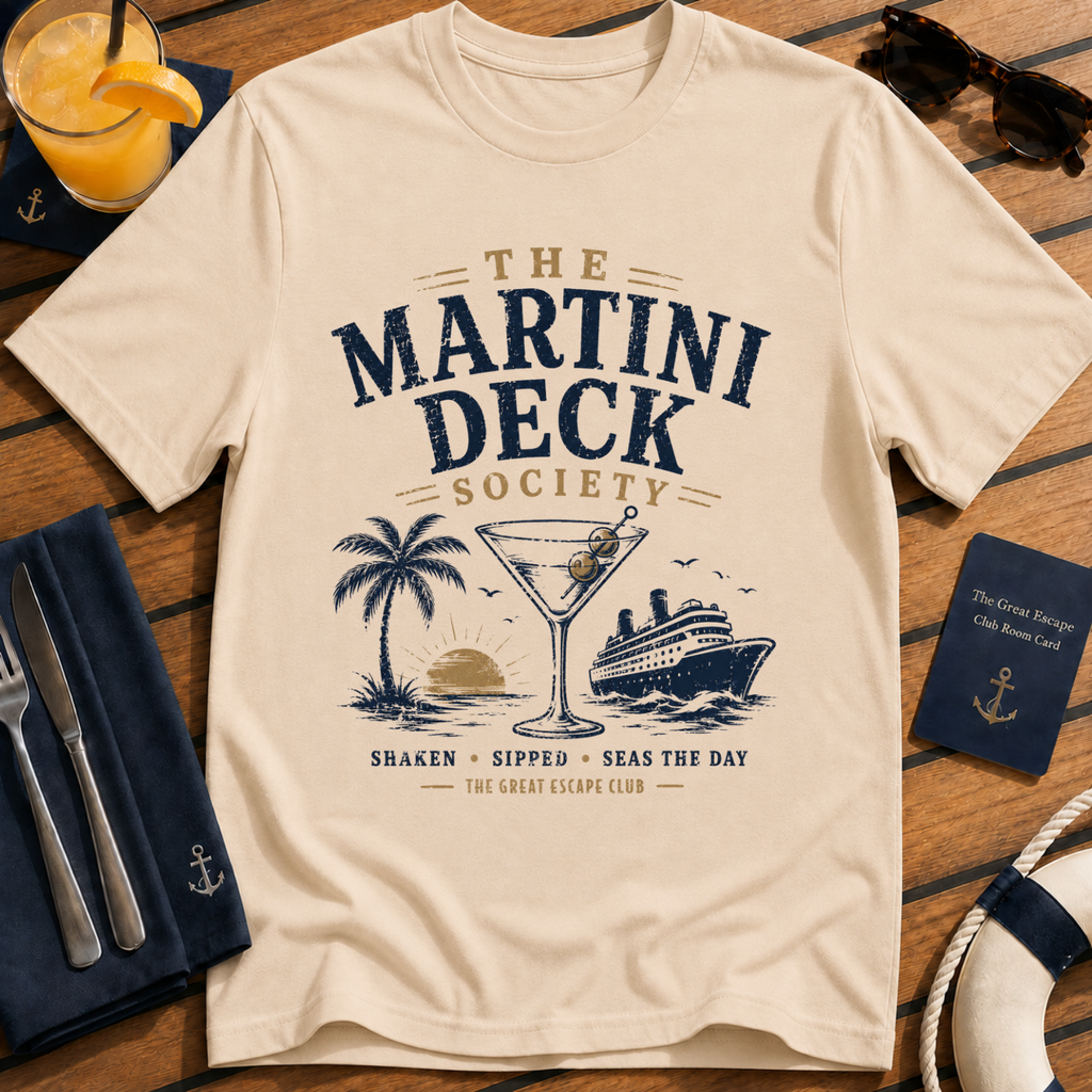 Shore Excursion Drinking Team funny cruise drinking natural tan t-shirt for port days and matching group holidays by The Great Escape Club