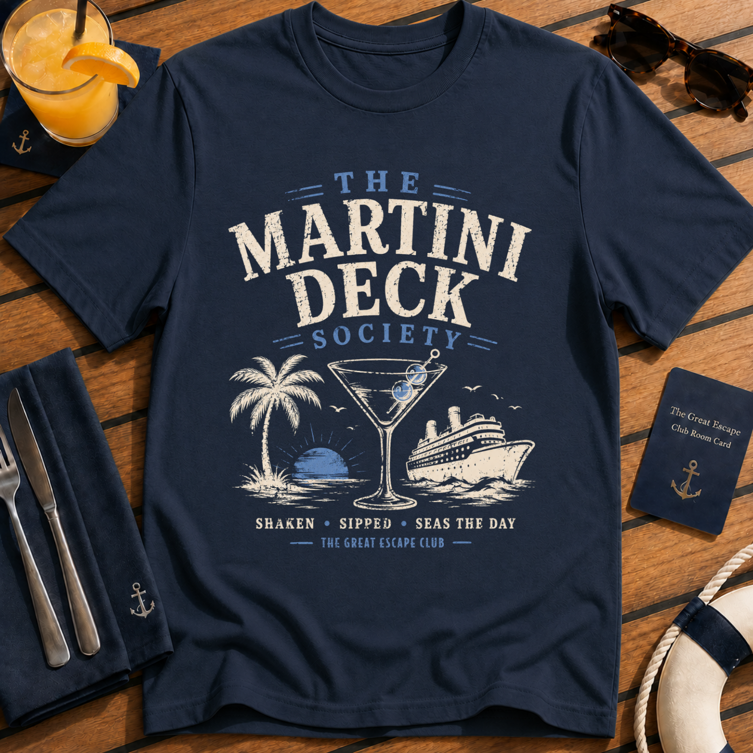 Shore Excursion Drinking Team funny cruise drinking navy t-shirt for port days and matching group holidays by The Great Escape Club