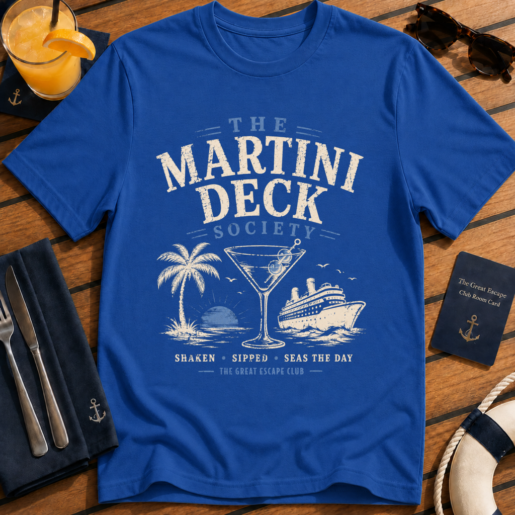 Shore Excursion Drinking Team funny cruise drinking royal blue t-shirt for port days and matching group holidays by The Great Escape Club