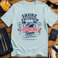Shore Excursion Drinking Team funny cruise drinking light blue t-shirt for port days and matching group holidays by The Great Escape Club