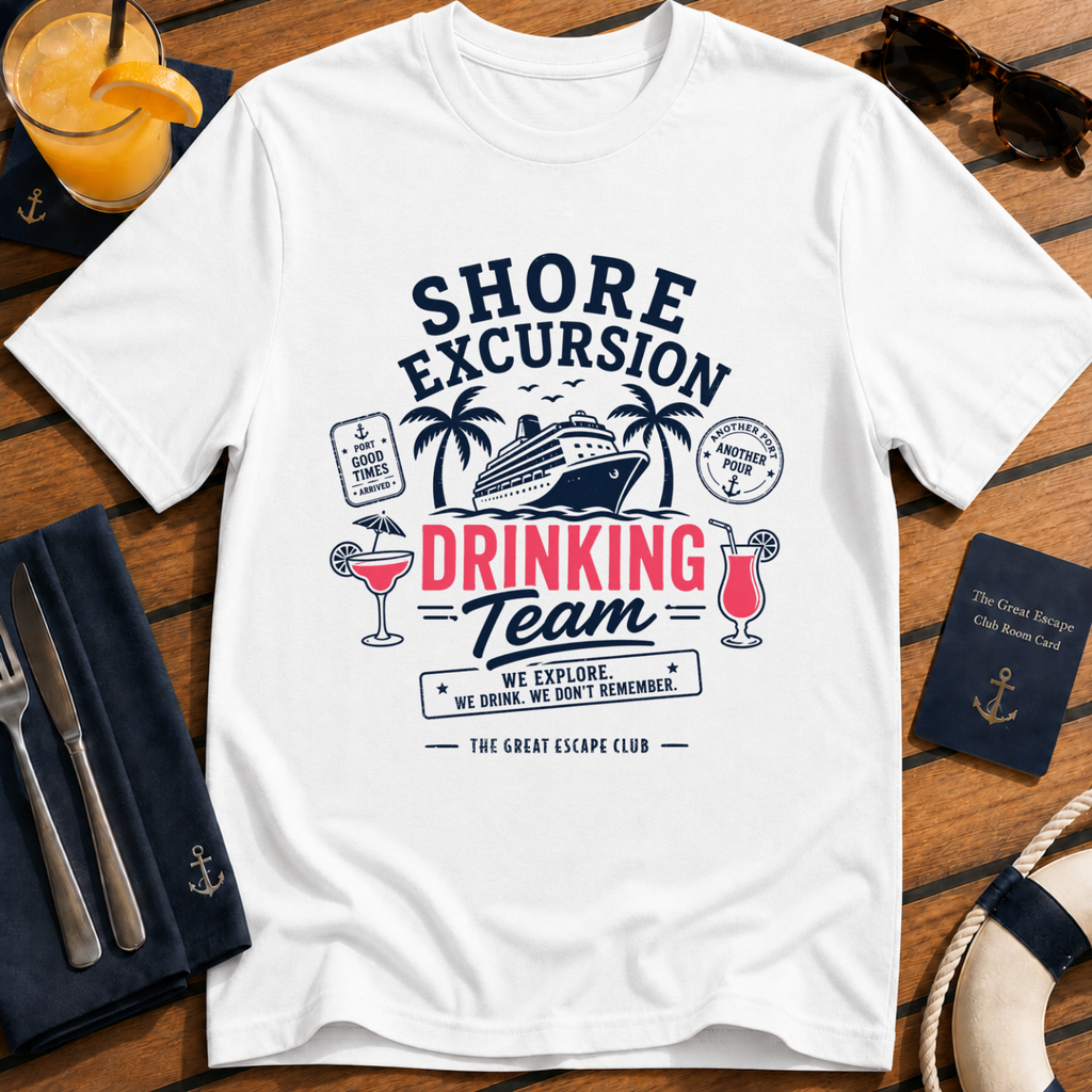 Shore Excursion Drinking Team funny cruise drinking white t-shirt for port days and matching group holidays by The Great Escape Club