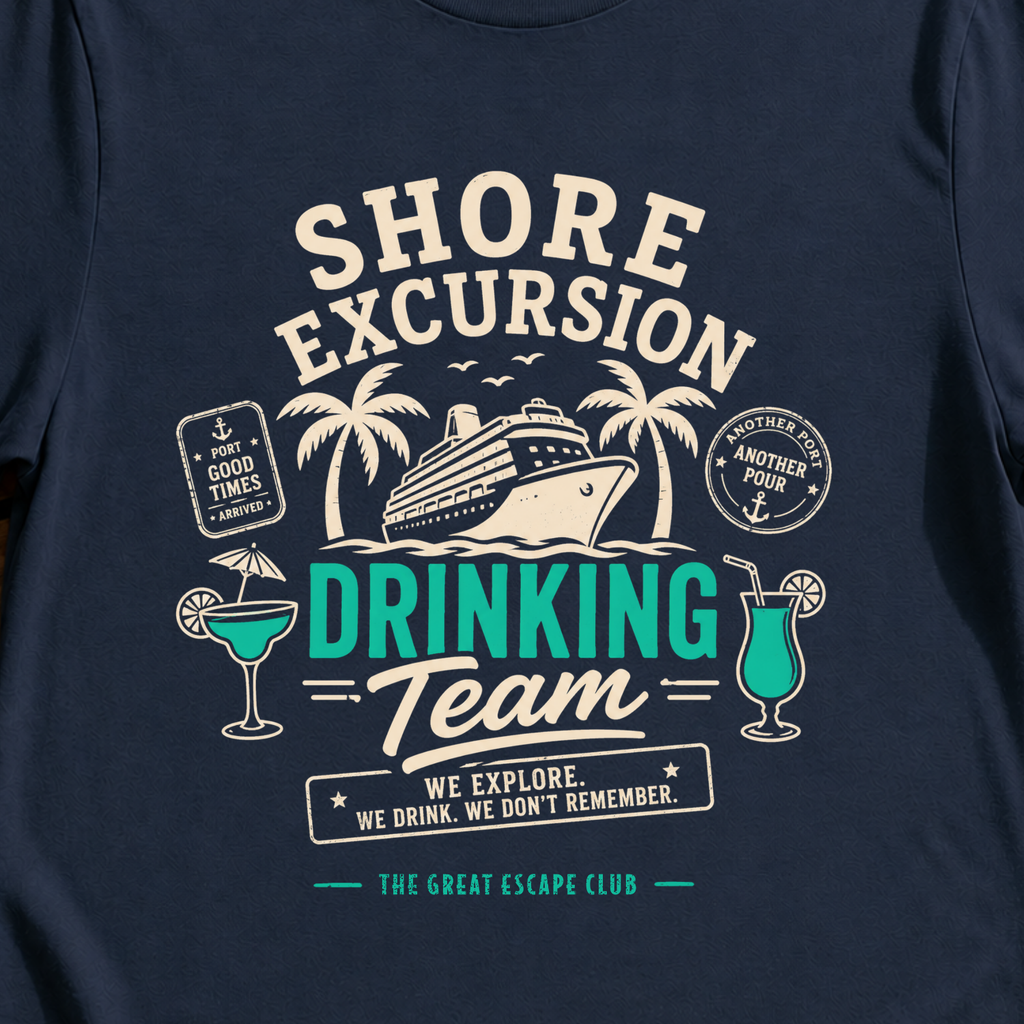Shore Excursion Drinking Team funny cruise drinking navy close-up t-shirt for port days and matching group holidays by The Great Escape Club