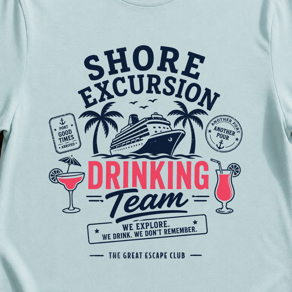 Shore Excursion Drinking Team funny cruise t-shirt design on Light Blue shirt