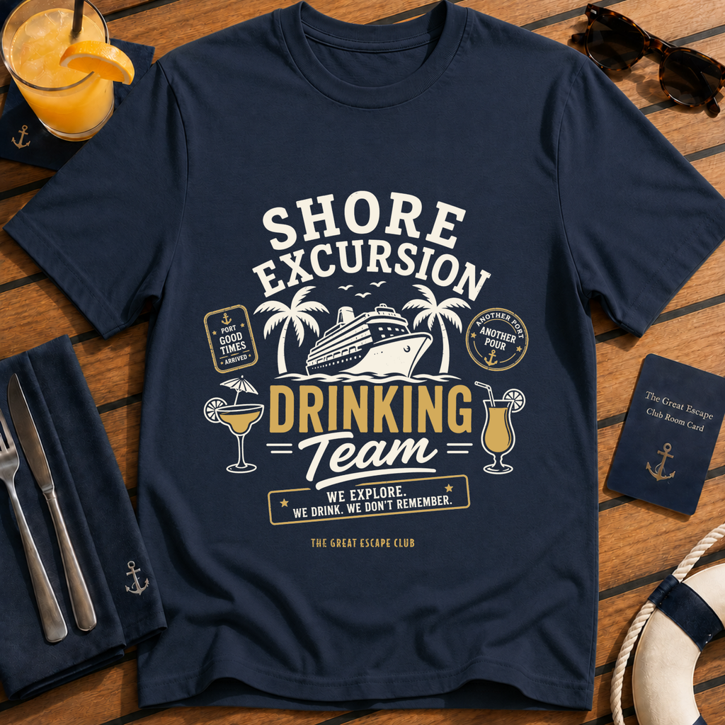 Shore Excursion Drinking Team funny cruise t-shirt design on Navy shirt | The Great Escape Club.