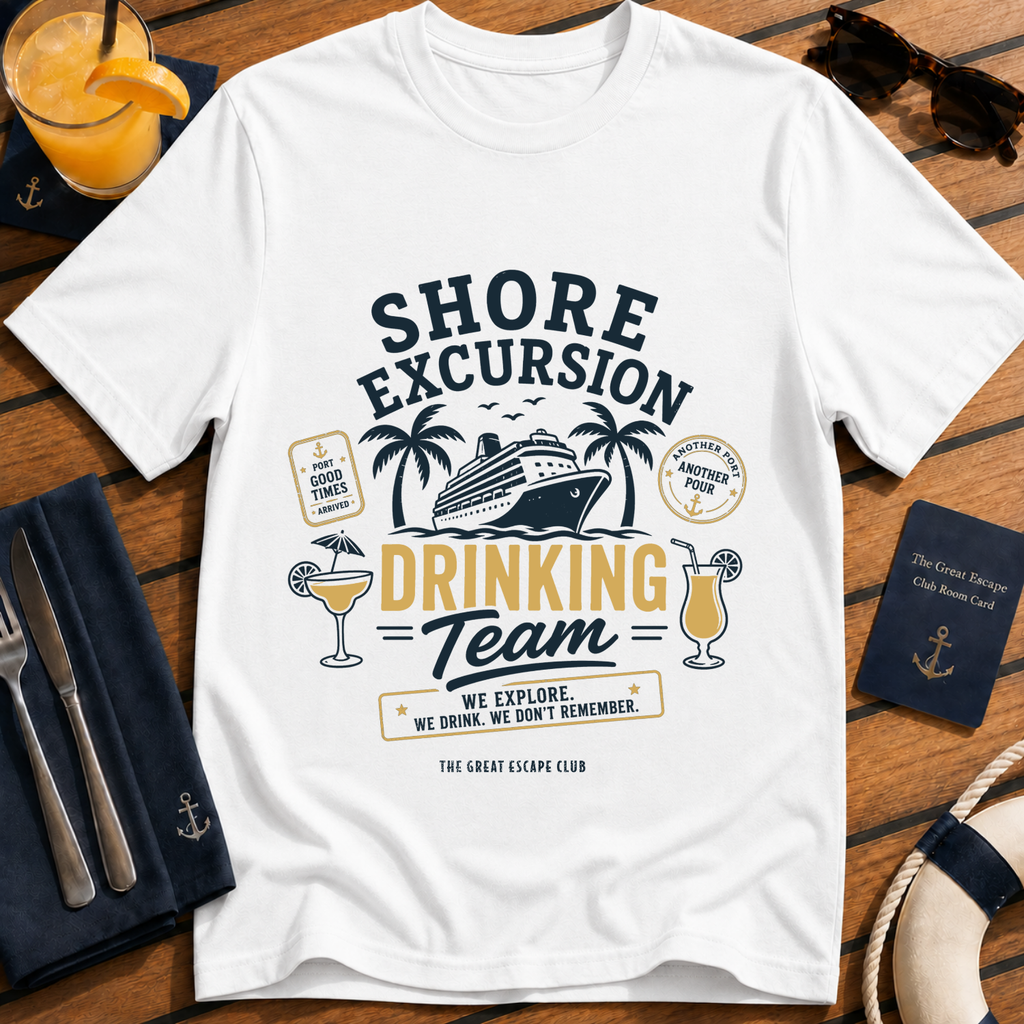 Shore Excursion Drinking Team funny cruise t-shirt design on White shirt | The Great Escape Club.