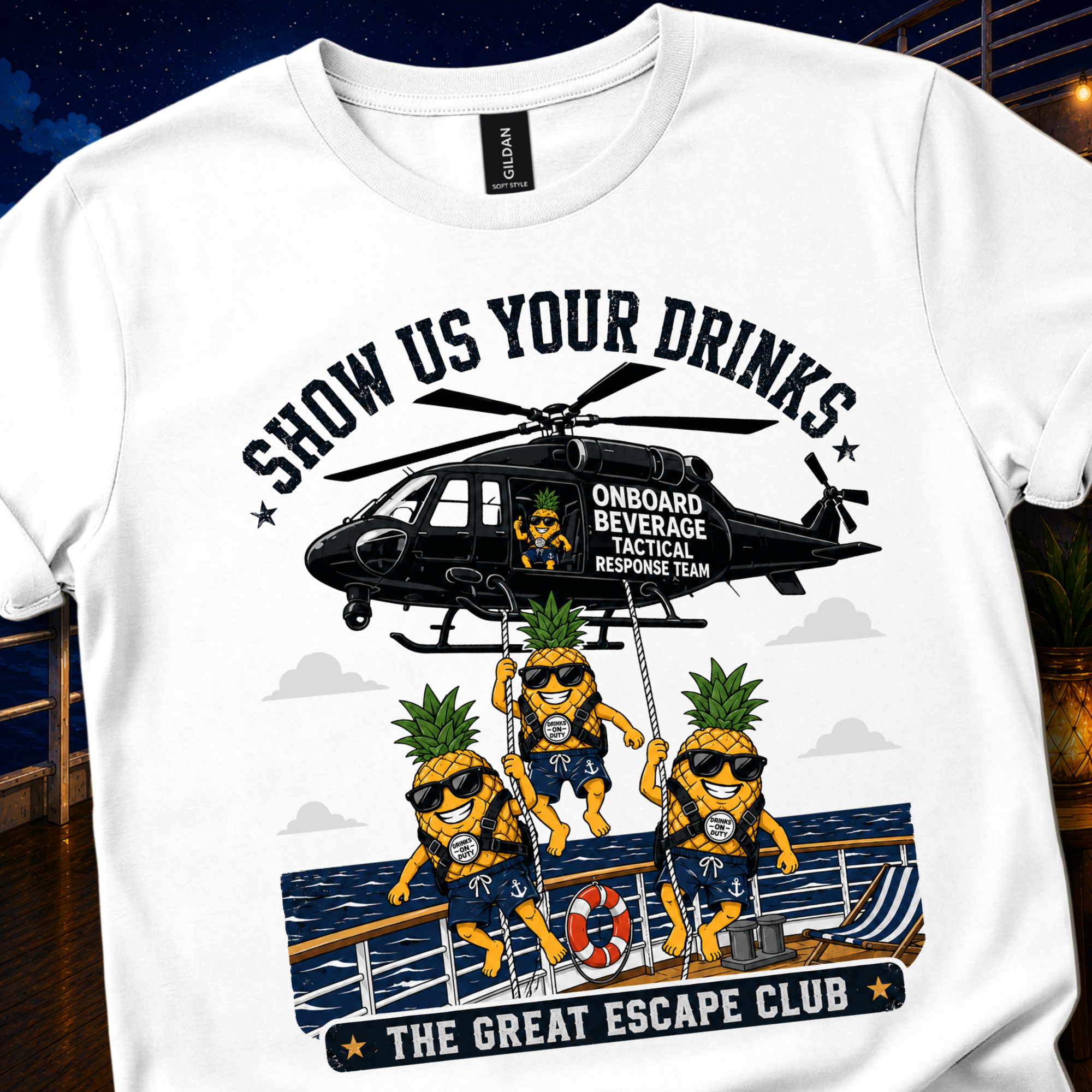 Show Us Your Drinks Unisex T-Shirt, Funny Cruise Drinking Shirt, Pineapple Tactical Beverage Response Team Tee, Cruise Vacation Party Shirt for Drink Lovers | The Great Escape Club